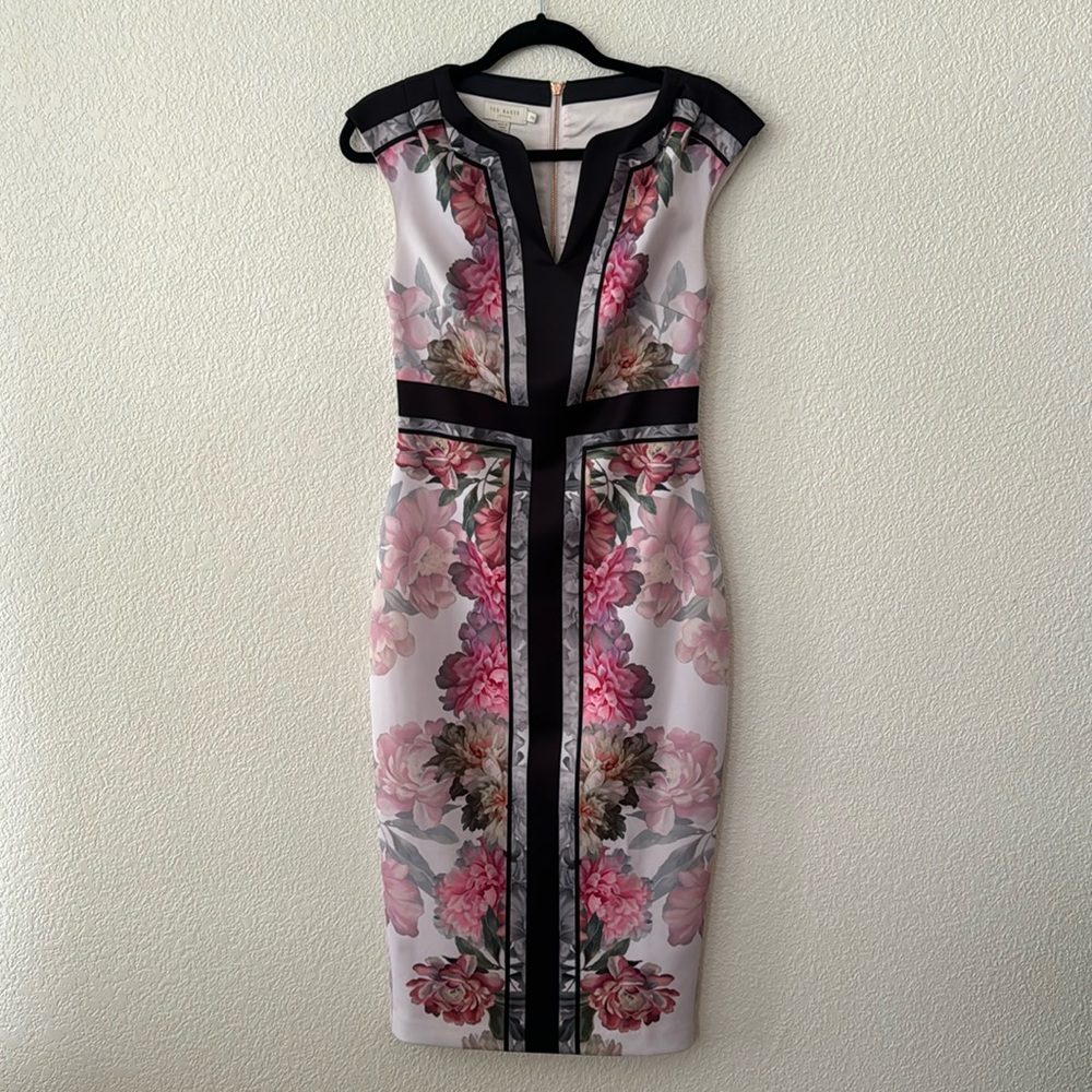 Size 2 Ted Baker London Shawnie Painted Posie Fitted Midi Dress